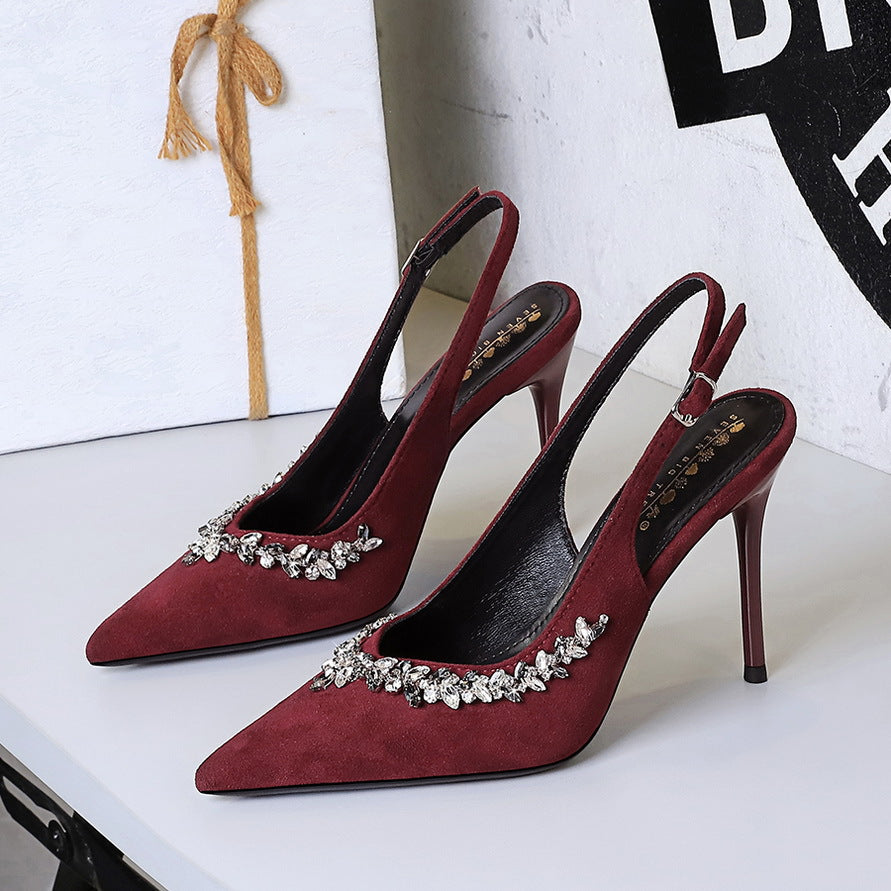 Cocktail High Heels Stiletto Heel Pointed Toe Rhinestone Shallow Mouth Suede Back Empty Back Strap Super High Heel Shoes ForestFootwear