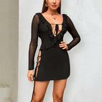 Robe sexy dos nu à lacets et manches longues en maille fendue et lisière