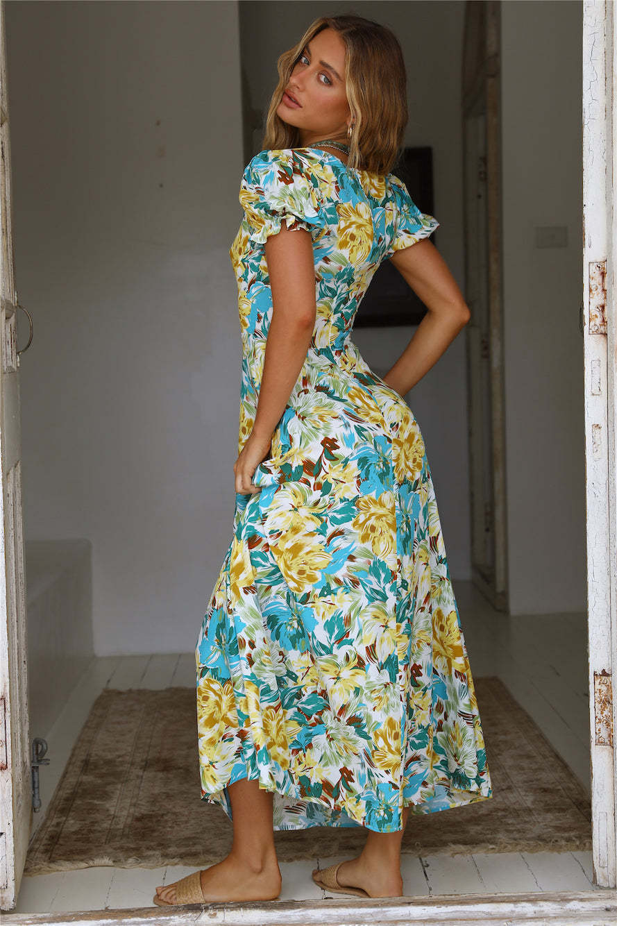 Spring Summer Square Collar Short Sleeve Maxi Dress Wild Casual Dress Oronia