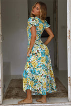 Spring Summer Square Collar Short Sleeve Maxi Dress Wild Casual Dress Oronia