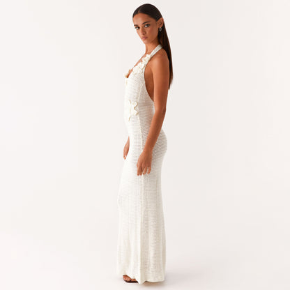 Sexy Hollow Out Cutout Floating Floral Halter Backless Sleeveless Casual Vacation Beach Dress