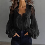 Women Lace Stitching Puff Sleeve Pleated Shirt NICE