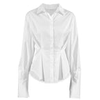 Court White Cotton Shirt Women Light Luxury Pleat Waisted Slim-Fit Long-Sleeved Collared Shirt FOREVEREIGHTEEN