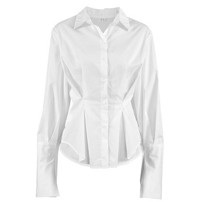 Court White Cotton Shirt Women Light Luxury Pleat Waisted Slim-Fit Long-Sleeved Collared Shirt FOREVEREIGHTEEN