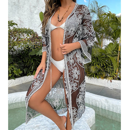 Water Soluble Silk Sun Protection Clothing Hollow Out Cutout Embroidered Strap Loose Sexy Casual Beach Cover Up