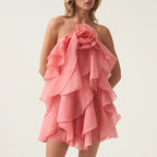 Robe courte élégante et sexy de haute qualité, col licou, motif floral tridimensionnel, à lacets, sans manches, pour le début du printemps
