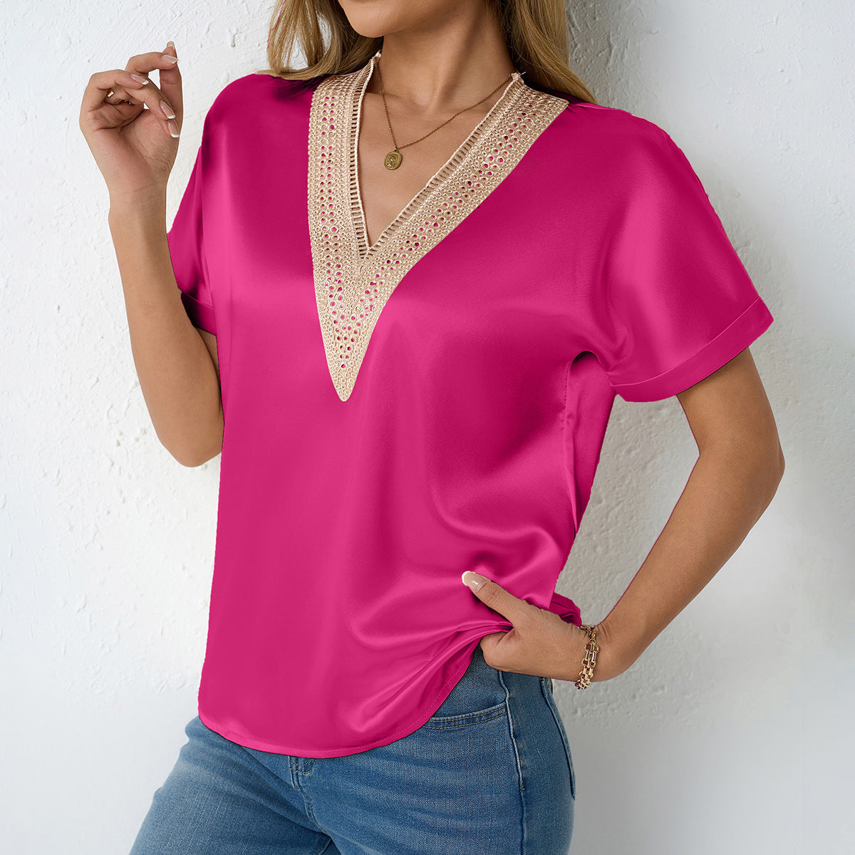 Women V neck Satin T shirt Artificial Silk Lace Loose Top Women