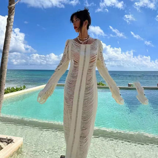 Summer Vacation Beach Dress Sexy Backless Lace Up Hollow Out Cutout Long Sleeve Dress Crochet hook Crochet hook Crochet hook