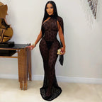 Women Clothing Sexy See through Lace Cappa Fishtail Dress Nightclub Sheath Dress Miss Siss