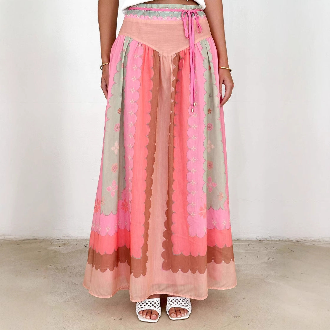 Seaside Vacation Printed Lace up Large Skirt Ethnic Skirt Women XINXI