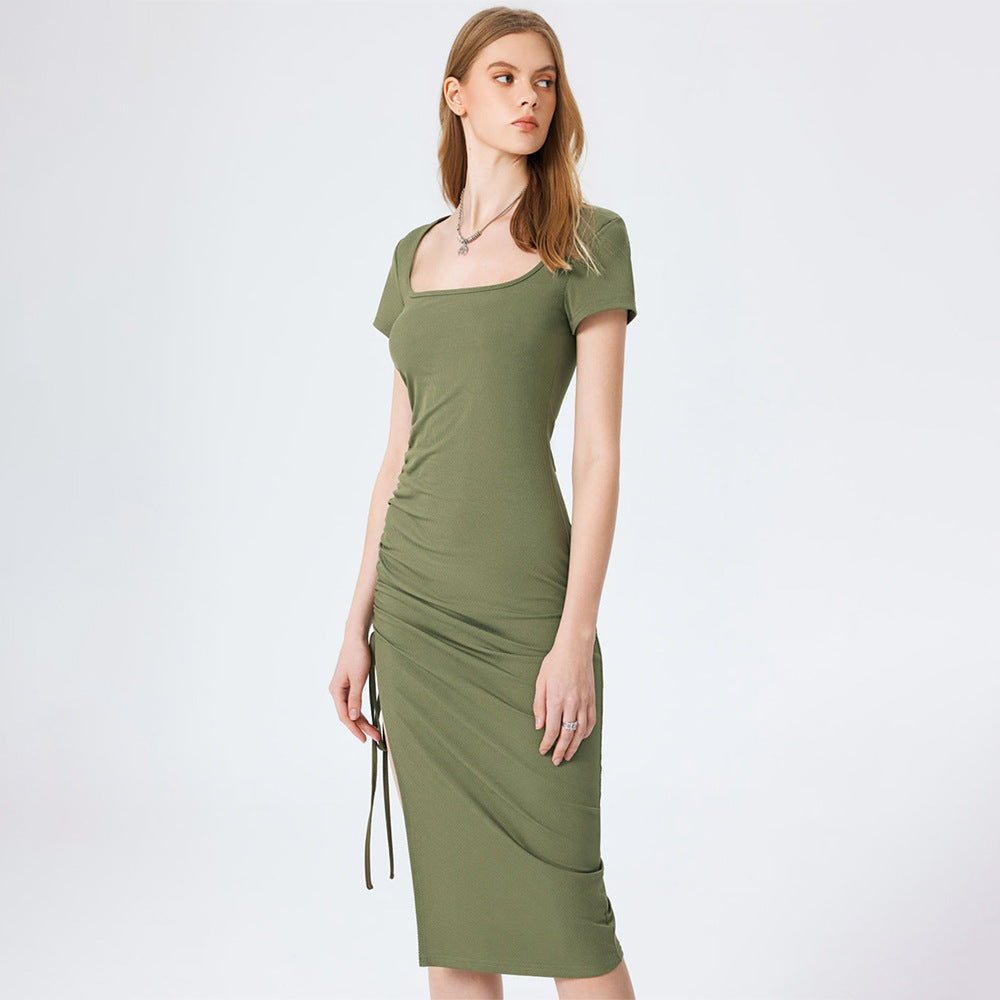 Knitted Small Sunken Stripe Elegant Square Cut Collar Waist Figure Flattering Side Slit Hip Dress Yiskiss