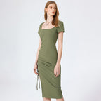 Knitted Small Sunken Stripe Elegant Square Cut Collar Waist Figure Flattering Side Slit Hip Dress Yiskiss
