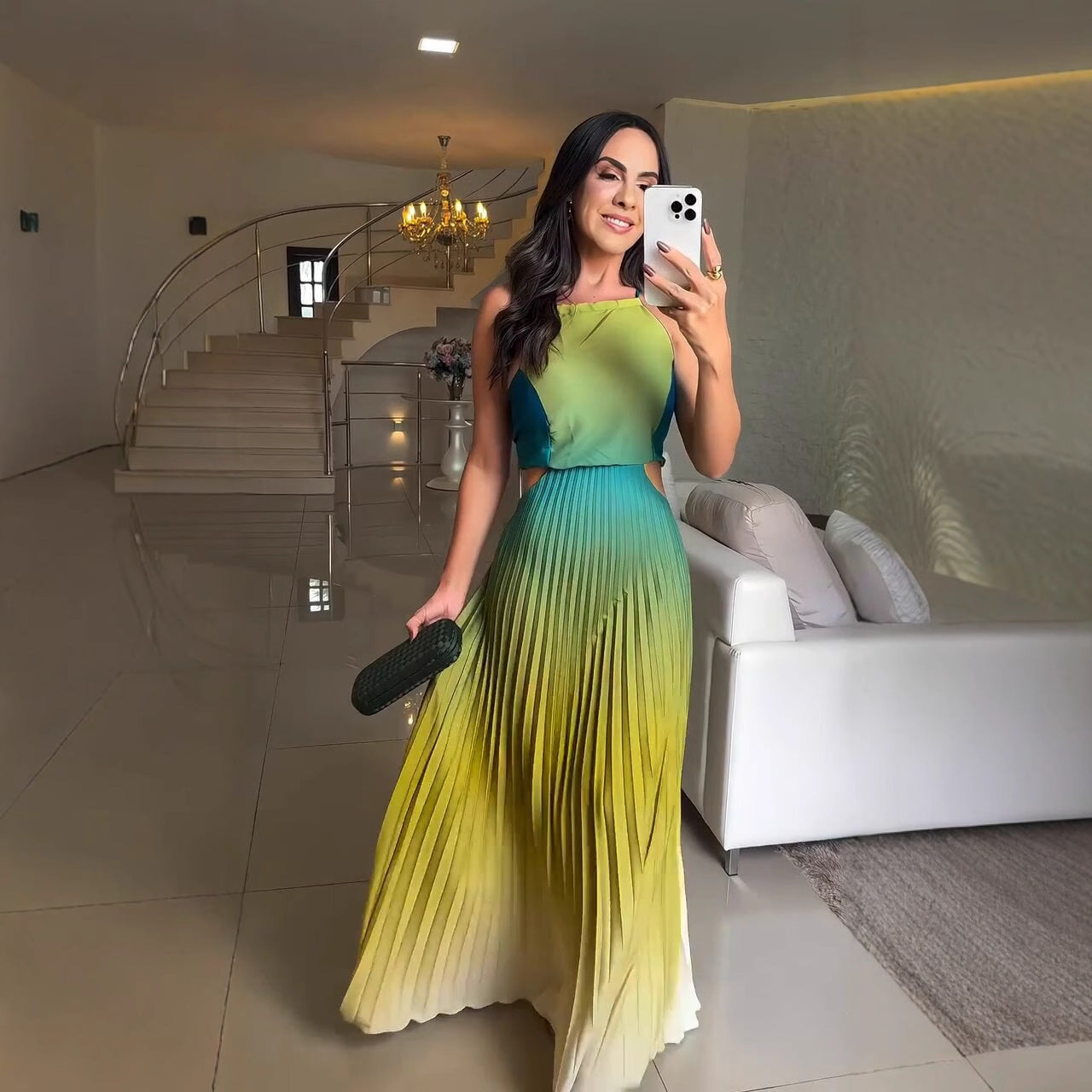 Women Clothing Elegant Halter Pleated Gradient Color Dress Maxi Dress Fifiant