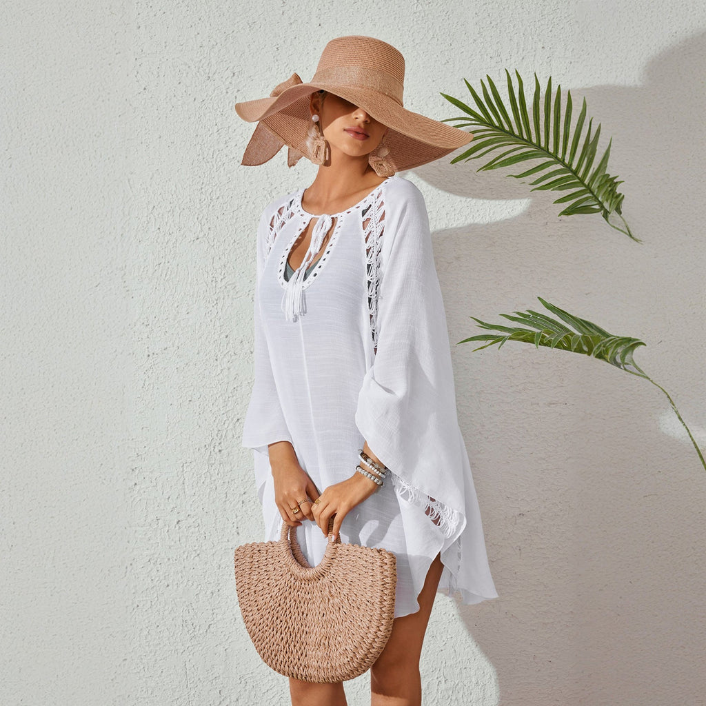 Women Bow Tie Pullover Bikini Swimsuit Blouse Solid Color Loose Sun Proof Clothes Mangar