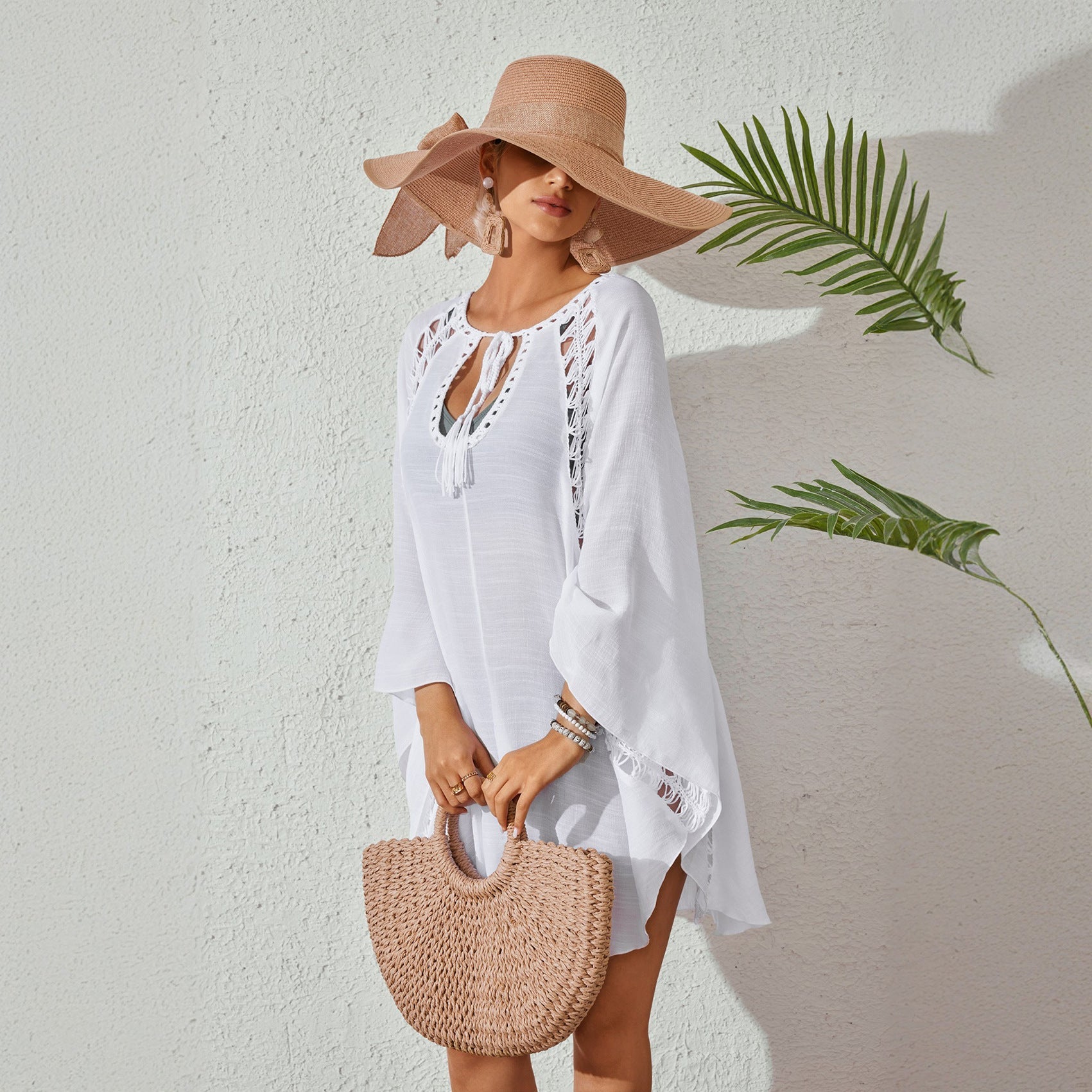 Women Bow Tie Pullover Bikini Swimsuit Blouse Solid Color Loose Sun Proof Clothes Mangar