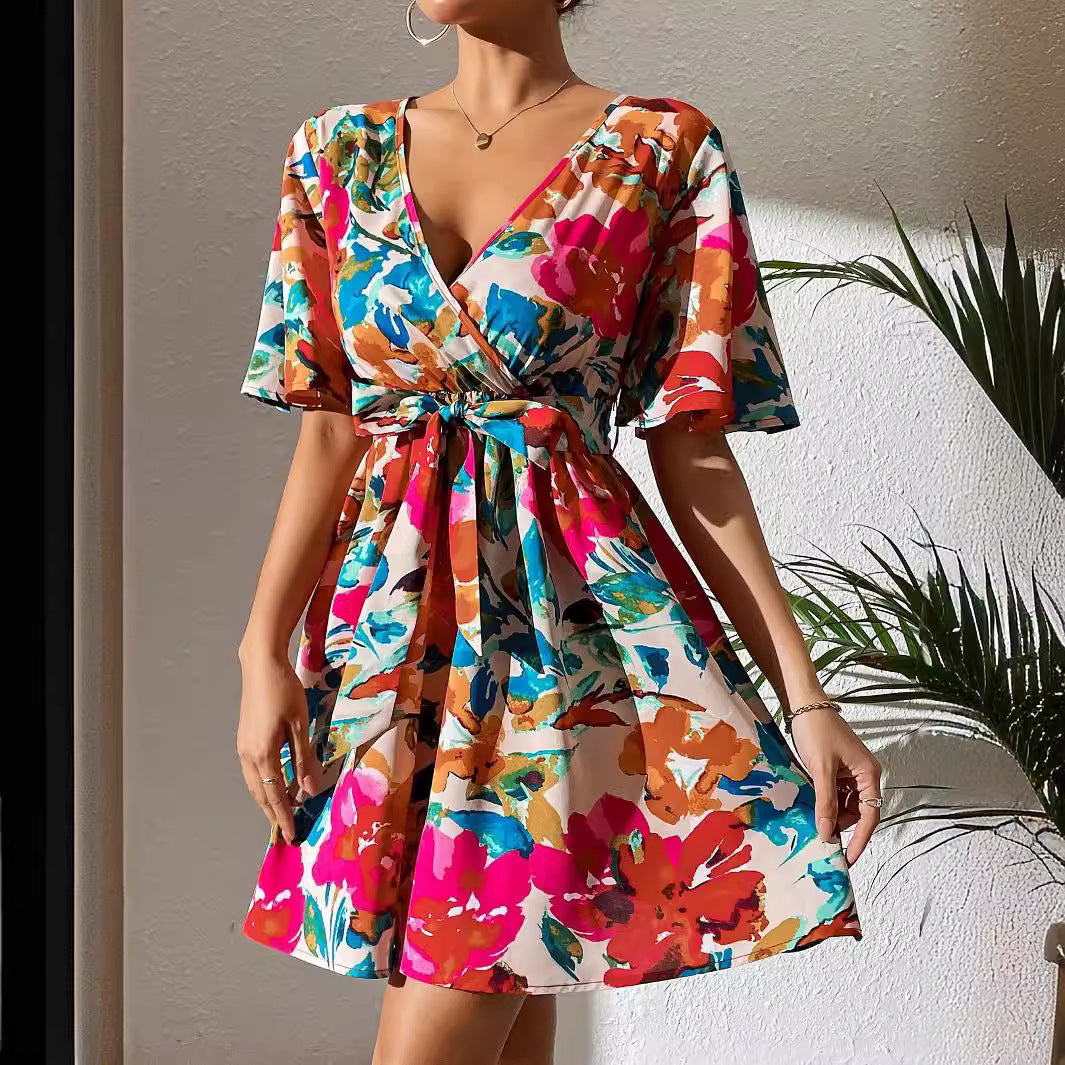 Summer Elegant Lady Floral Print Cross Collar Belt Dress Vivish
