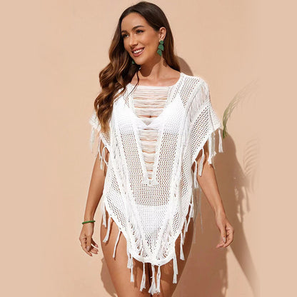 Women Summer Beach Dress Women Solid Color Sexy Knitted Hollow Out Cutout Beach Bikini Swimsuit Blouse Sun-Protective Clothing Fringe Crochet hook
