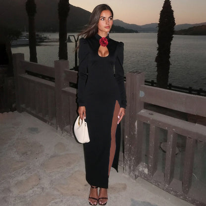 Fall Women Clothing Elegant Slim Fit Sexy Cutout High Slit Stand Collar Long Sleeve Dress Women