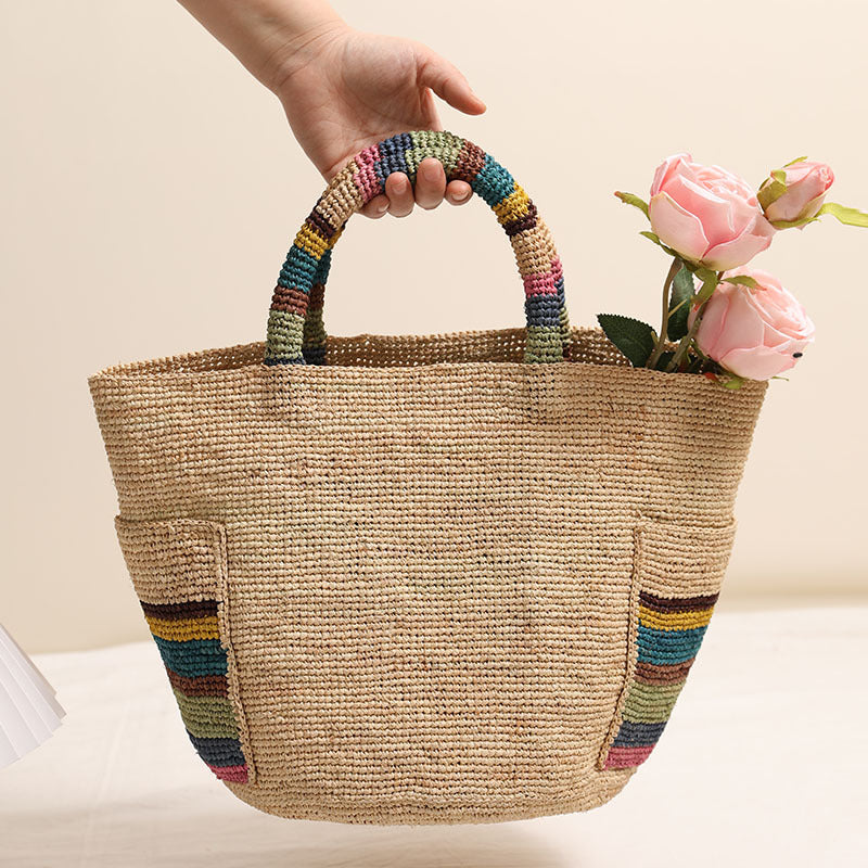 Bolso de paja portátil de rafia de alta calidad, tejido a mano, con bolsillo exterior de color, ideal para vacaciones en la playa o en la playa. 
