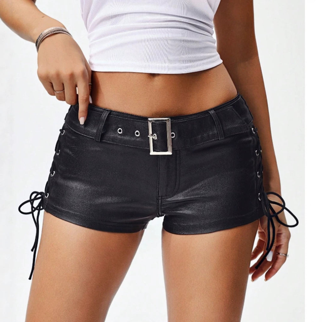 Women Leather Low Waisted Shorts Sexy Sexy Belt Corns Lace up Pants SaturdayNight