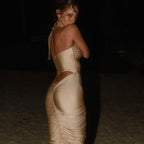 Light Nylon Solid Color Drawstring Draped Dress Sexy Tight Hip Dress