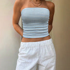 77Sexy Blue White Striped Tube Top Sleeveless Cold Shoulder Skinny Short Vacation Vest Top for Women Yiskiss