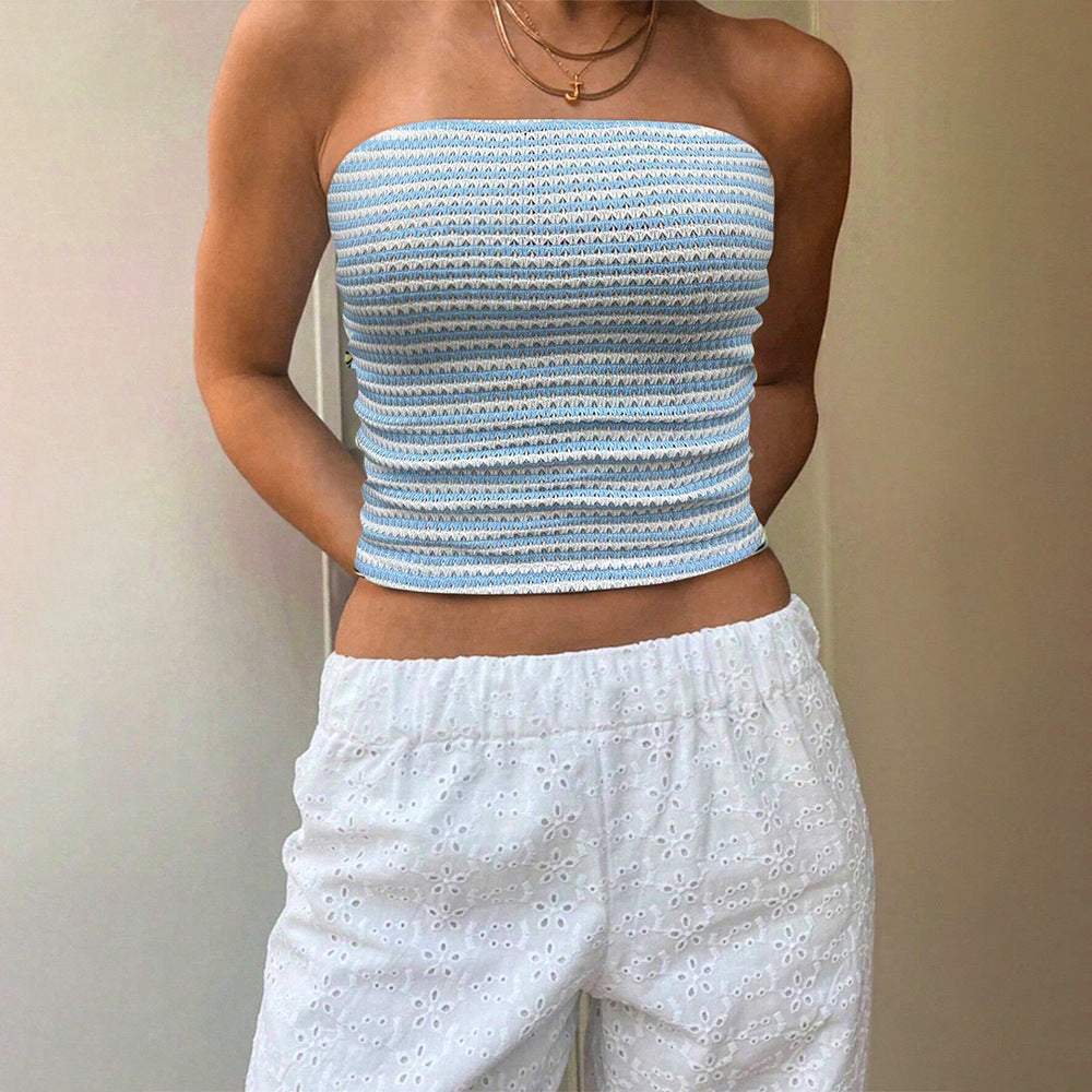 77Sexy Blue White Striped Tube Top Sleeveless Cold Shoulder Skinny Short Vacation Vest Top for Women Yiskiss