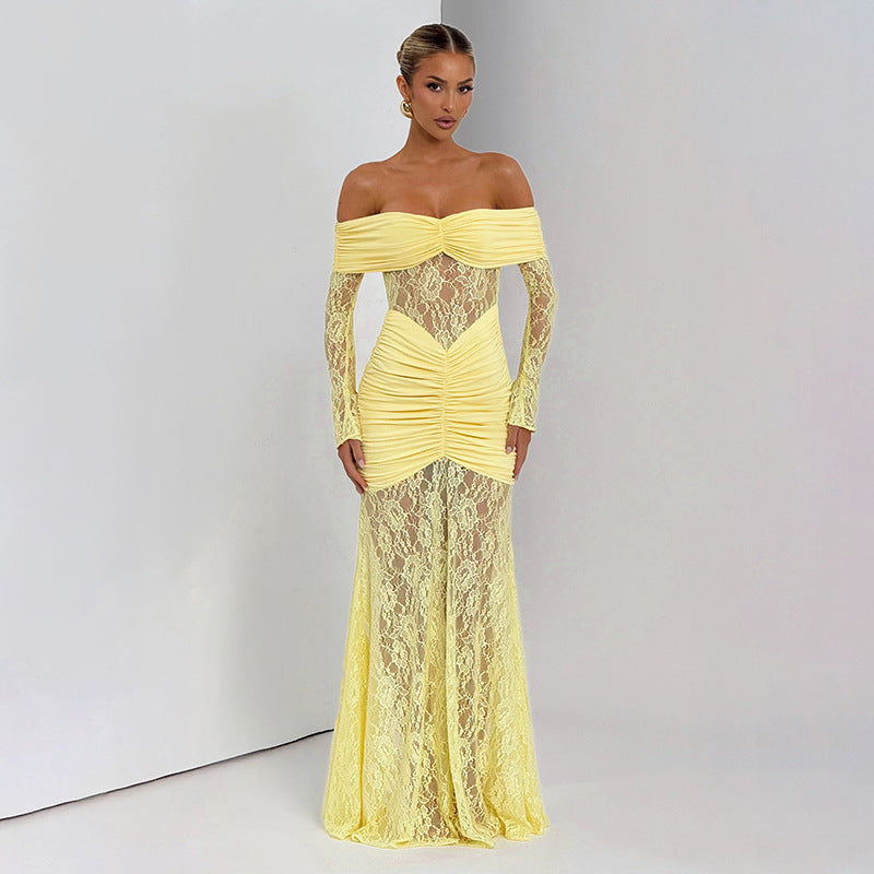 Women Clothing Summer Lace Stitching off Shoulder Slit Long Sleeve Dress Maxi Dress for Women COORAL