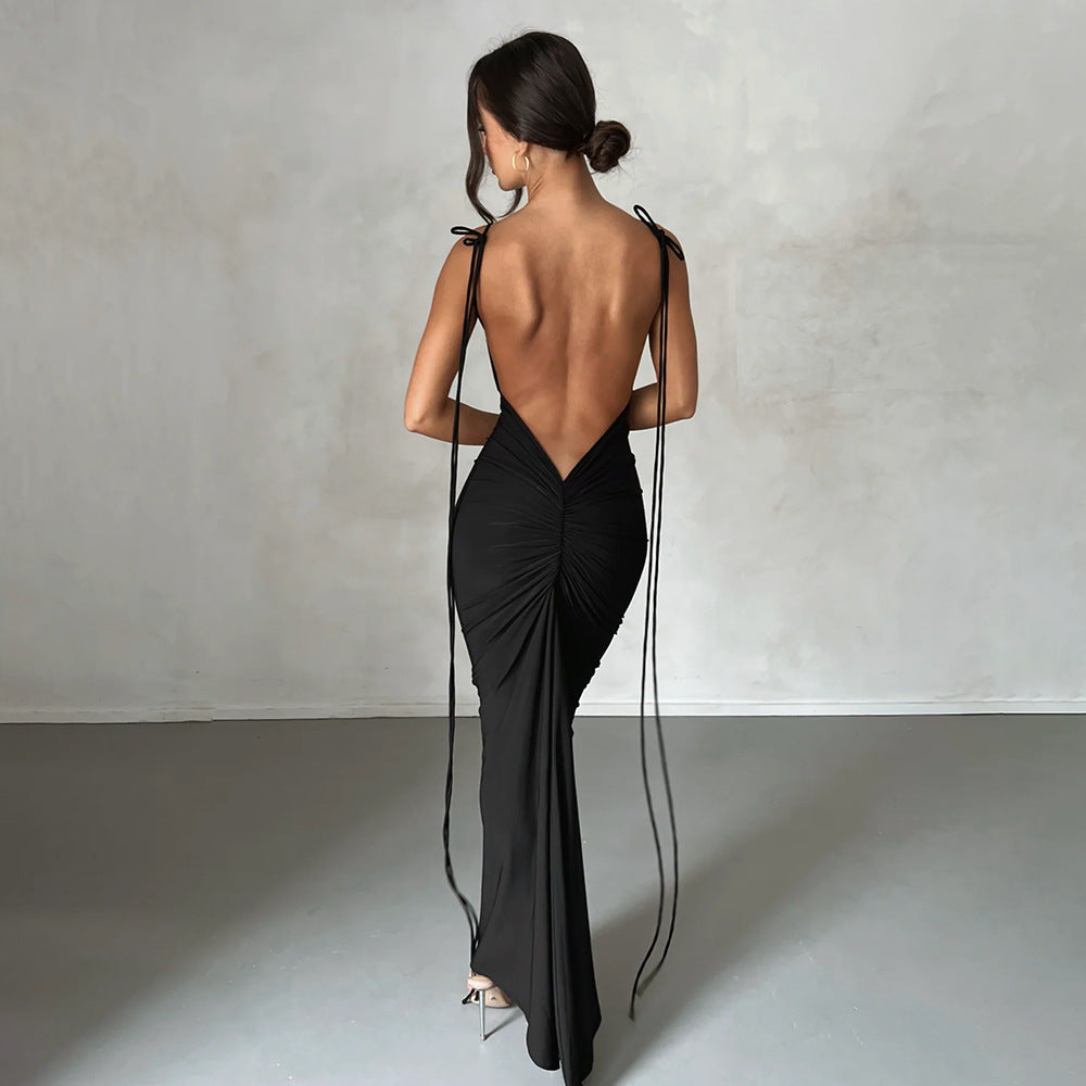 Vestido sexy para mujer, vestido plisado sin espalda, vestido de noche sin mangas con tirantes para mujer
