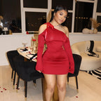 Spring Solid Color Diagonal Collar Lace Up Off Shoulder Long Sleeve Slim High Waist Dress