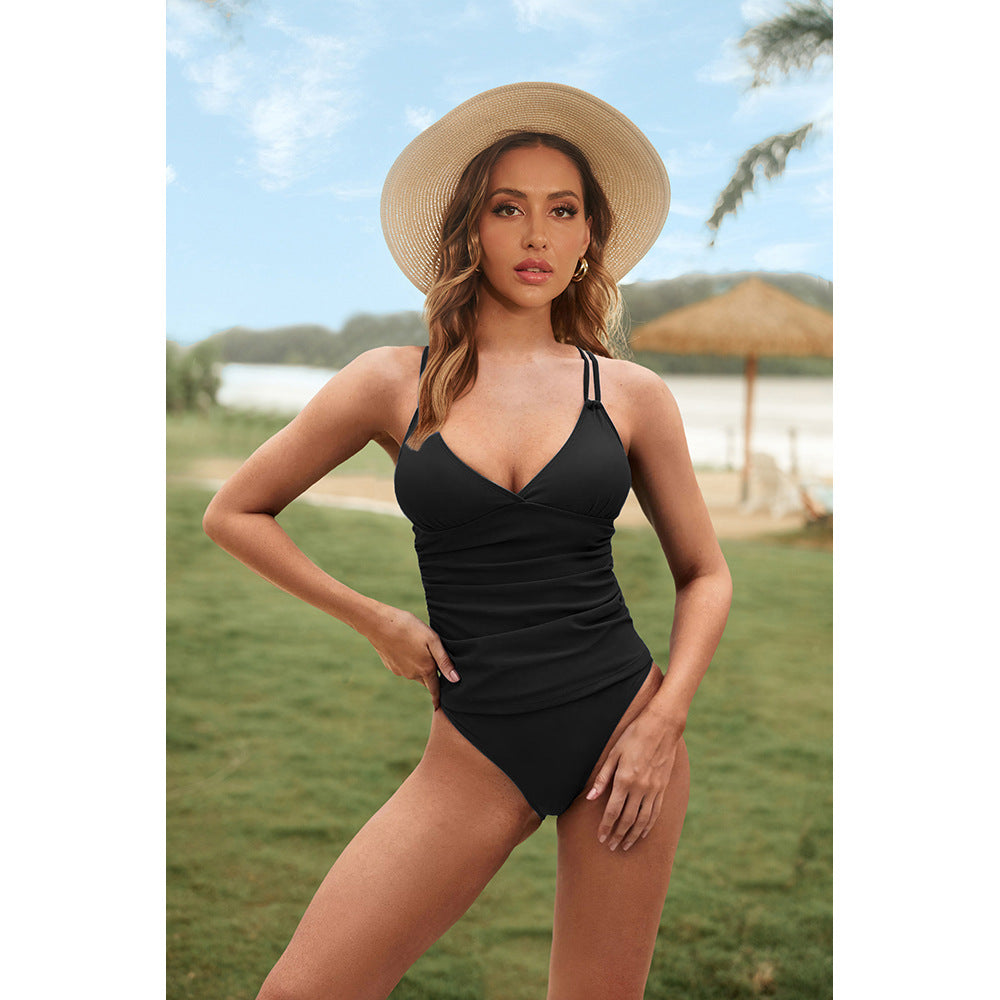 Traje de baño de dos piezas con escote en V y top peplum con tirantes cruzados