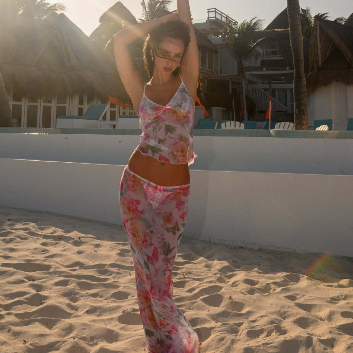 Floral Gauzy Beach Dress with Suspenders Split Sexy Bow Lace Skirt Set