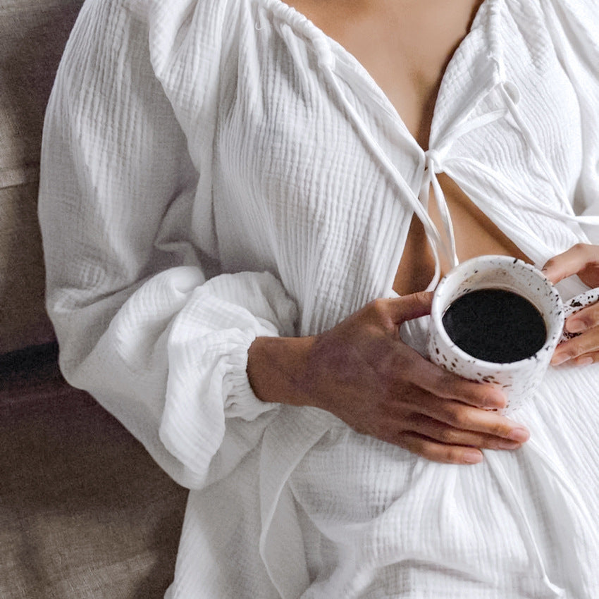 Pijama de algodón holgado e informal de otoño para mujer, cárdigan de manga larga y pantalones cortos, ropa de casa cómoda que se puede usar al aire libre.