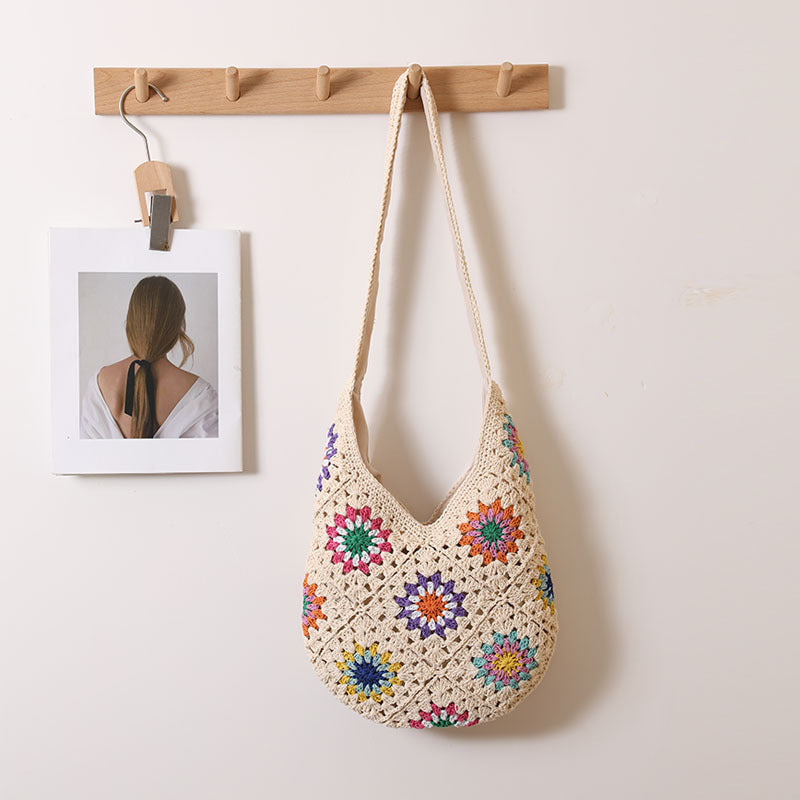 Sac tissé en fil de coton à fleurs colorées ethniques, sac de paille décontracté, sac de plage de vacances, sac à bandoulière inactif 