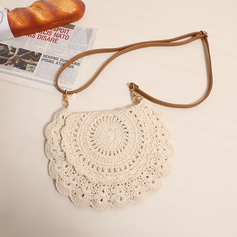 Sac à bandoulière en dentelle tissé en fil de coton, sac à bandoulière en paille ajouré et découpé, sac de vacances et de plage pour femme 