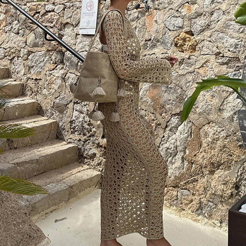 Women Clothes Sexy Hollow Out Cutout Long Sleeved round Neck Maxi Dress Holiday Beach Overskirt Crochet hook Tidee