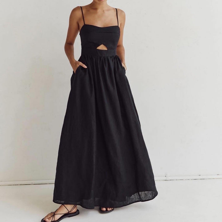 Black Breathable Sling High Waist French Dress Spring Autumn Holiday Long Dress Women Kigali