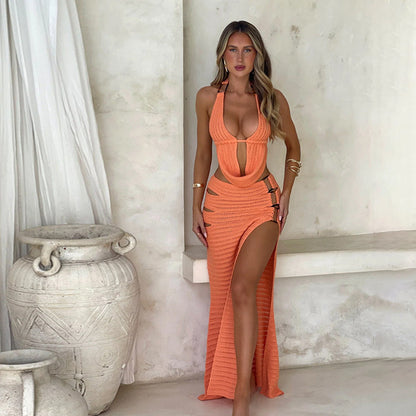 Beach Women Solid Color Knitted Beach Bikini Swimsuit Blouse Sun Proof Two Piece Sets