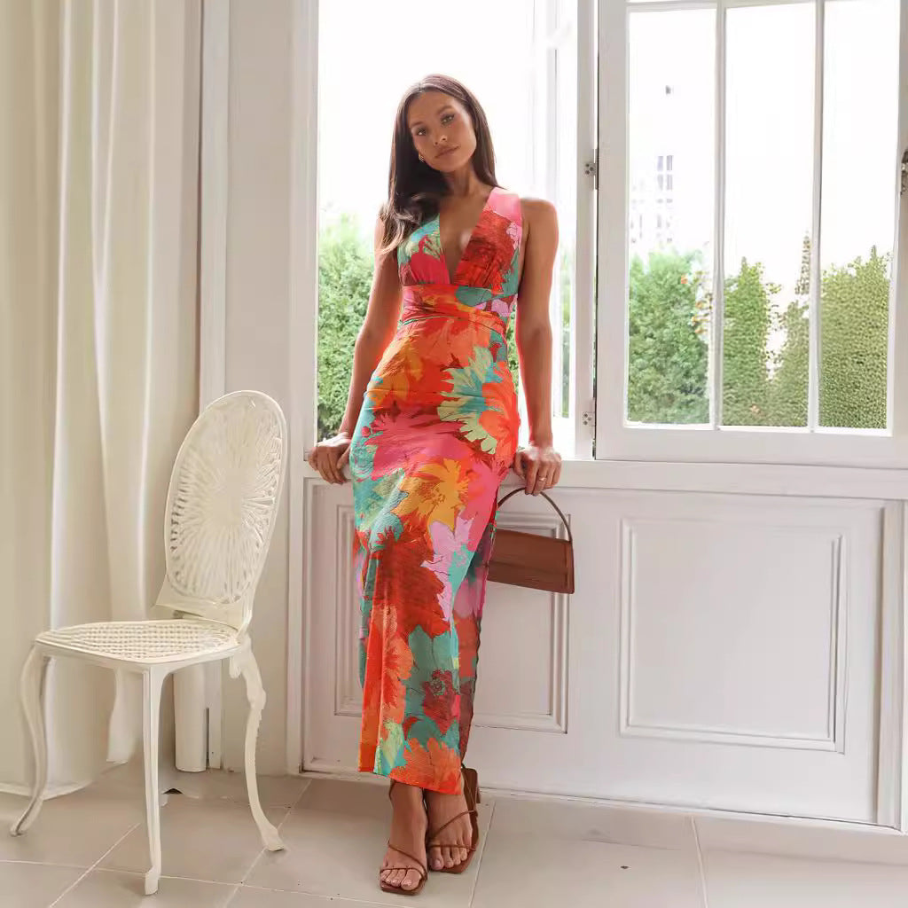 Summer Women Casual V neck Printed Lace up Mid Length Dress XUYUN