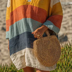 Bohemian Color Stripes Slub Linen Top Loose 3/4 Sleeve Casual Shirt Seaside Vacation Blouse Gemi