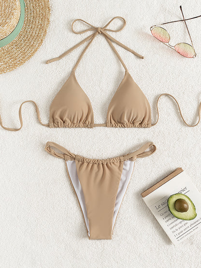 Bikini sexy de cintura alta con triángulo dividido de color sólido para mujer, traje de baño con copa triangular tipo halter