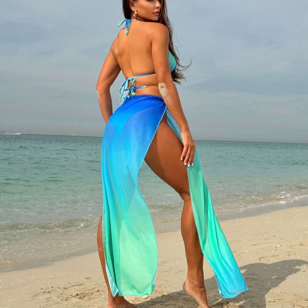 Vestido largo de malla degradada con cordón ajustable, bikini de tres piezas