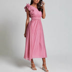 Summer Sexy Solid Color Sloping Shoulder Backless Dress Women Gemi