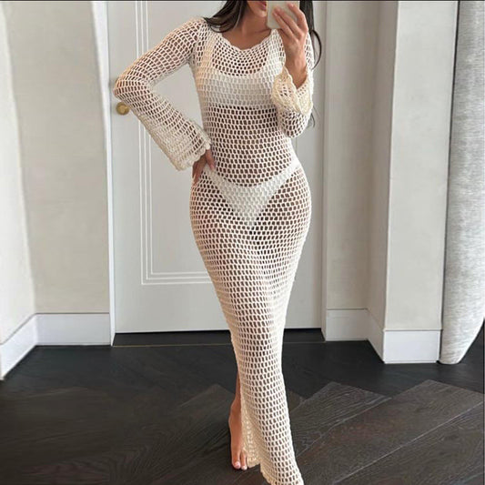 Women Clothing Summer Sun Protective Blouse Knitted Hollow Out Cutout out Beach Dress Sexy Backless Dress Beach Cover Up
