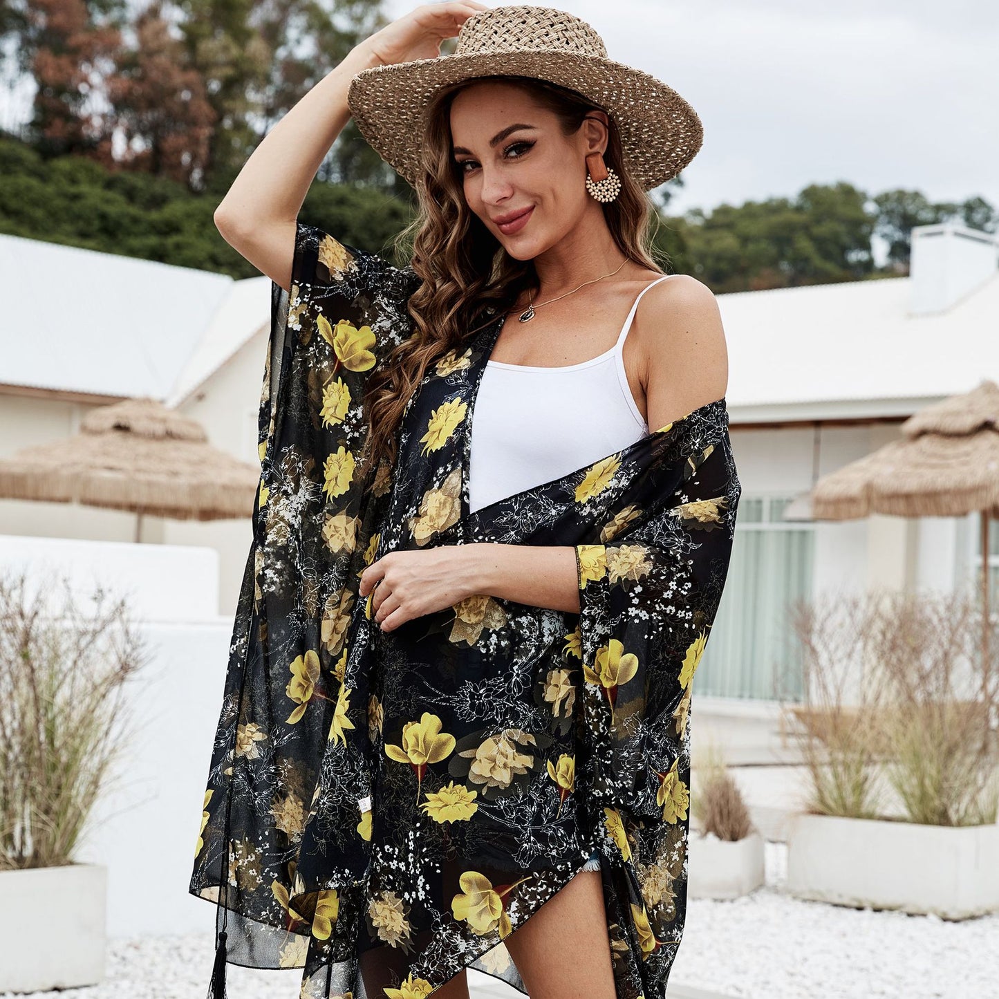 Summer Colorful Floral Print Tassel Sunshade Casual Sun Proof Sun Protection Clothing Mid Length Blouse