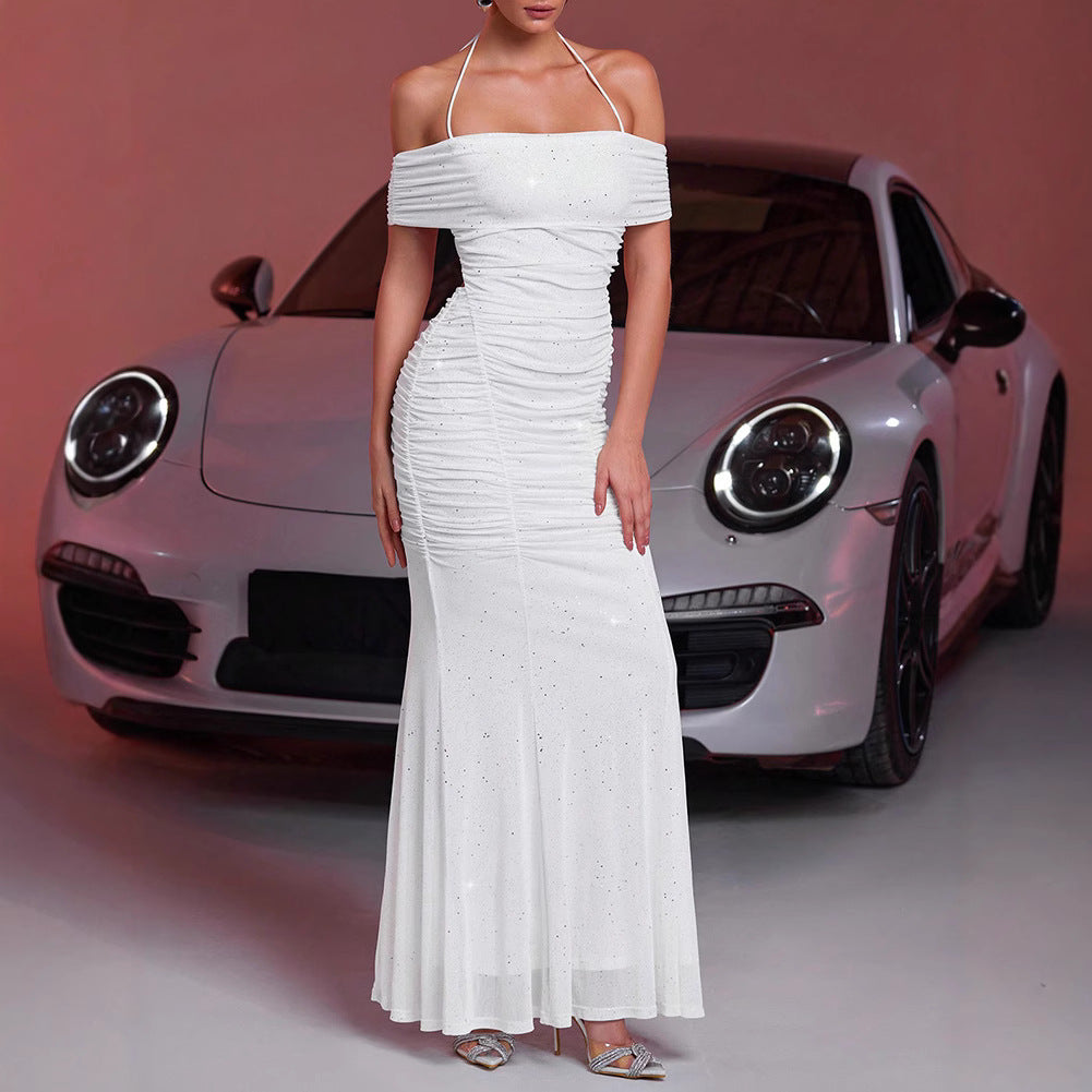 Summer Women Clothing Fashionable Elegant Dress Mesh Silver-Sprinkling off Shoulder Sleeveless Dress TAJA