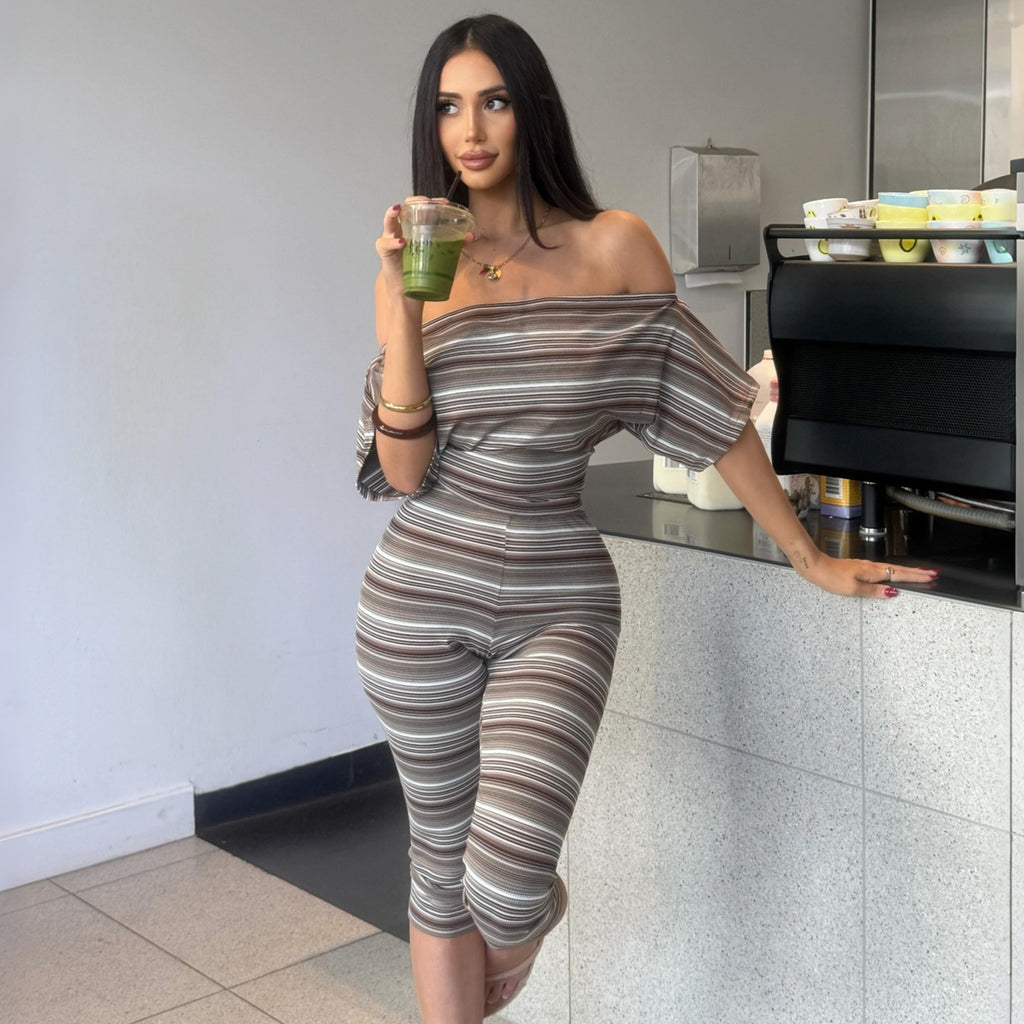 Summer Women Striped Sexy Tube Top off Shoulder Short Sleeve Skinny Knee Length Pants Set Dores