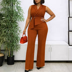 Summer Solid Color Sleeveless Collar Lace up Wide Leg Pants Jumpsuit Morn