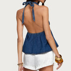 Women Clothing Sexy Dark Halter Lace up Deep V Plunge Denim Top Vest Eedele