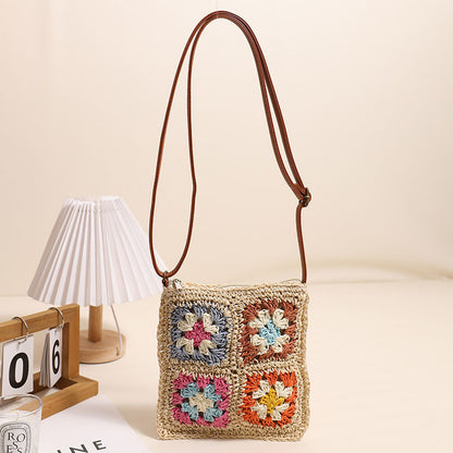 Bolso bandolera de paja con diseño floral, hueco y recortado, estilo retro, cuadrado, tejido, para playa y vacaciones, bolso de hombro que combina con todo. 
